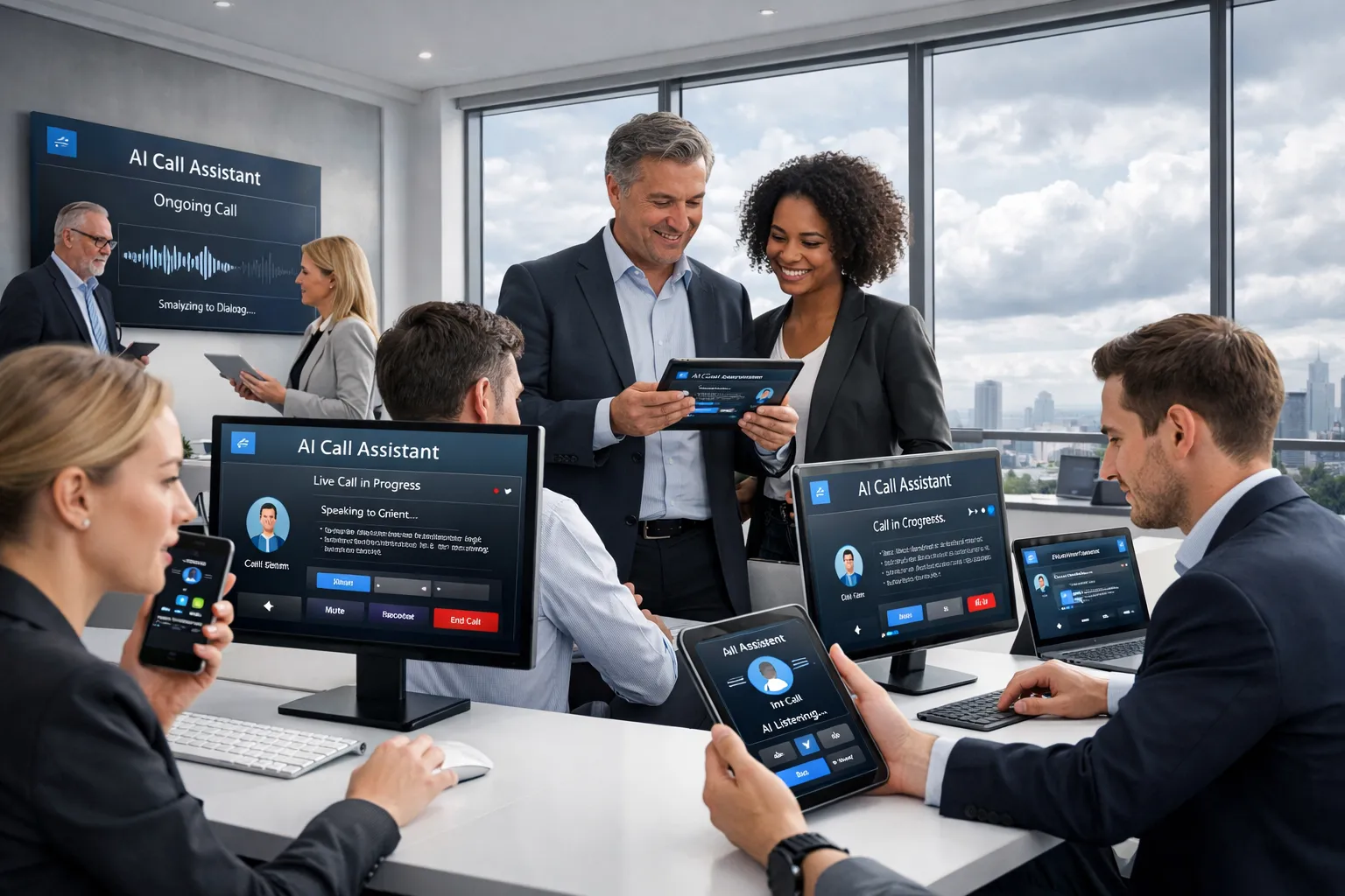 Mehrere Menschen in einem modernem Büro mit Computern und Tablets, nutzen eine KI-gestützte Anrufassistent-Software.