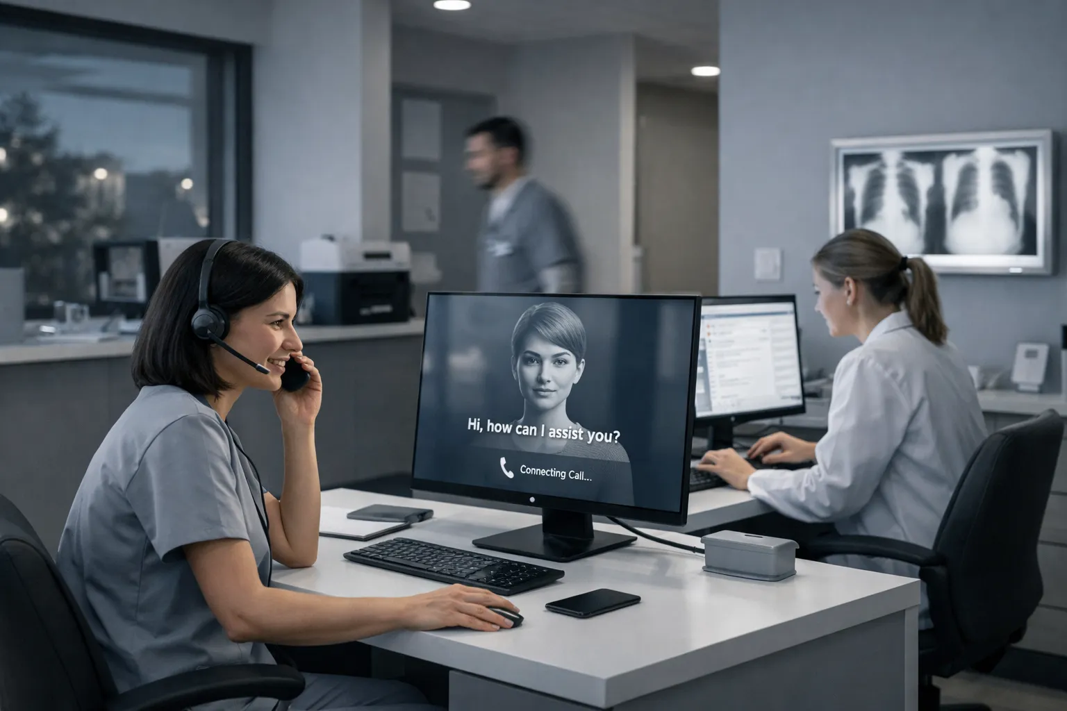 Zwei Frauen im Callcenter, eine spricht ins Headset, die andere tippt am Computer. Auf dem Bildschirm steht: "Wie kann ich helfen?"