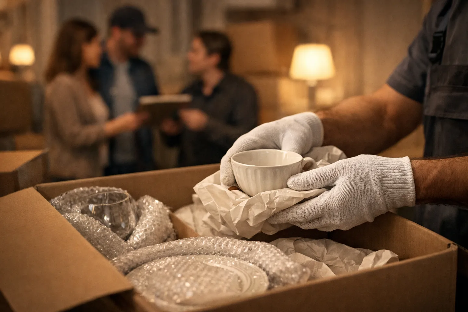 Hand mit weißen Handschuhen hält eine kleine weiße Tasse über einer Kiste mit zerknülltem Papier in einem Raum mit vier Menschen im Hintergrund.