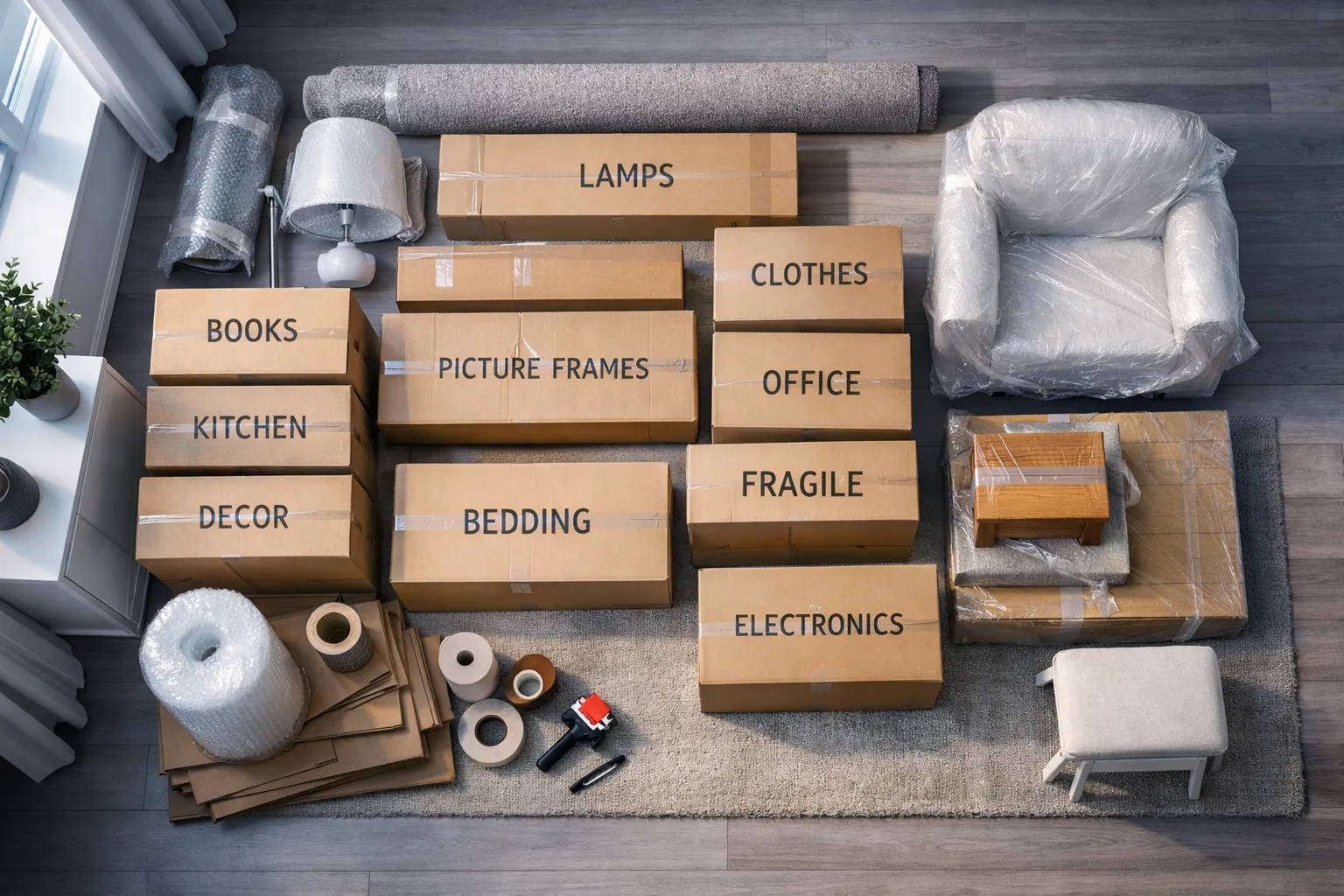 Viele verpackte Umzugskartons mit Beschriftungen wie Bücher, Lampen, Kleidung, Dekor, Schlafzimmer, Elektronik liegen auf einem Teppich im Raum.