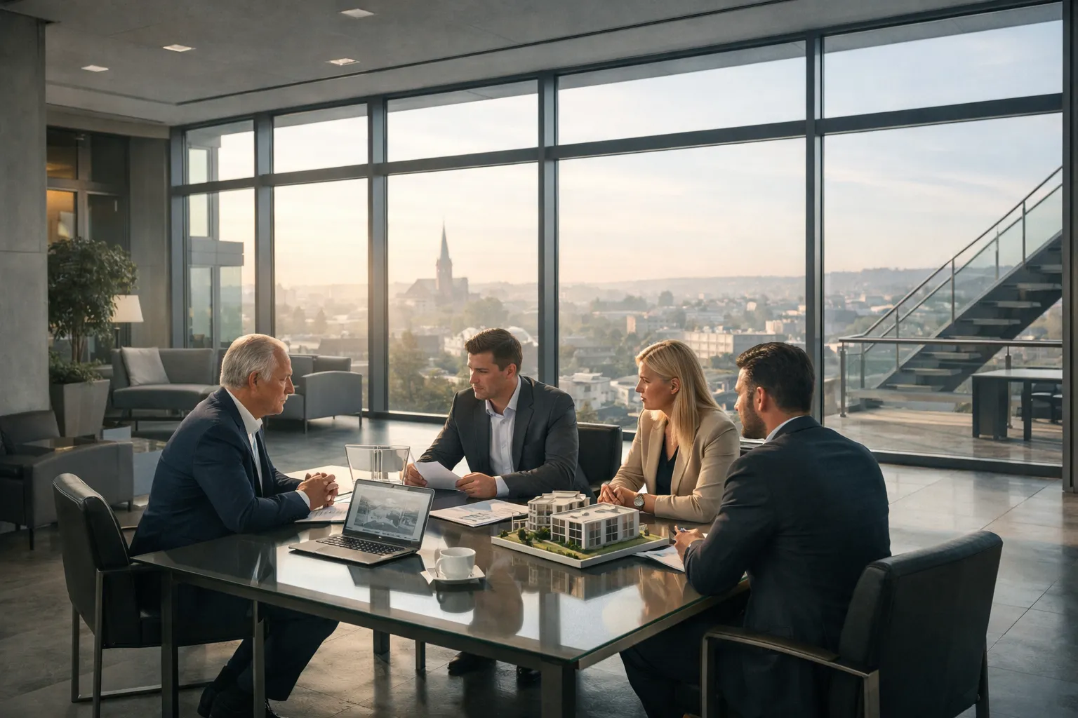 Vier Erwachsene sitzen an einem Tisch in einem modernen Büro mit großen Fenstern, auf dem ein Architekturmodell zu sehen ist.
