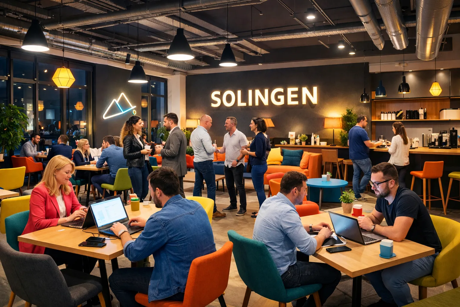 Menschen arbeiten und sprechen in einem modernen Café in Solingen. Es gibt Tische, Stühle, Laptops, und eine große leuchtende Inschrift.