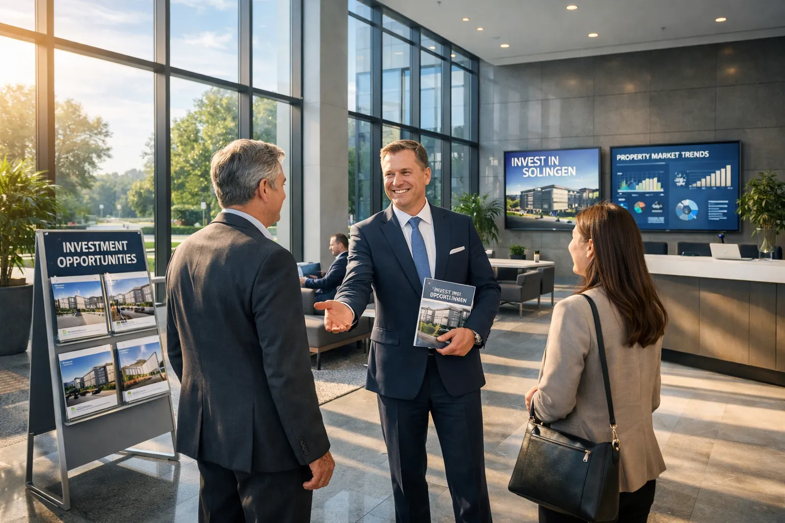 Drei Geschäftsleute unterhalten sich in einer modernen Lobby. Es gibt Broschüren, Monitore und große Fenster mit Blick nach draußen.
