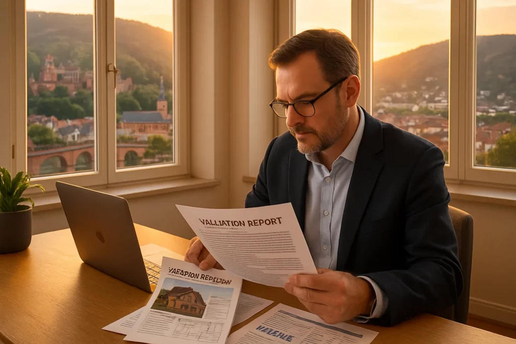 Ein Mann liest einen Bericht am Schreibtisch in einem Raum mit großen Fenstern, Blick auf eine Stadt und Berge bei Sonnenuntergang.