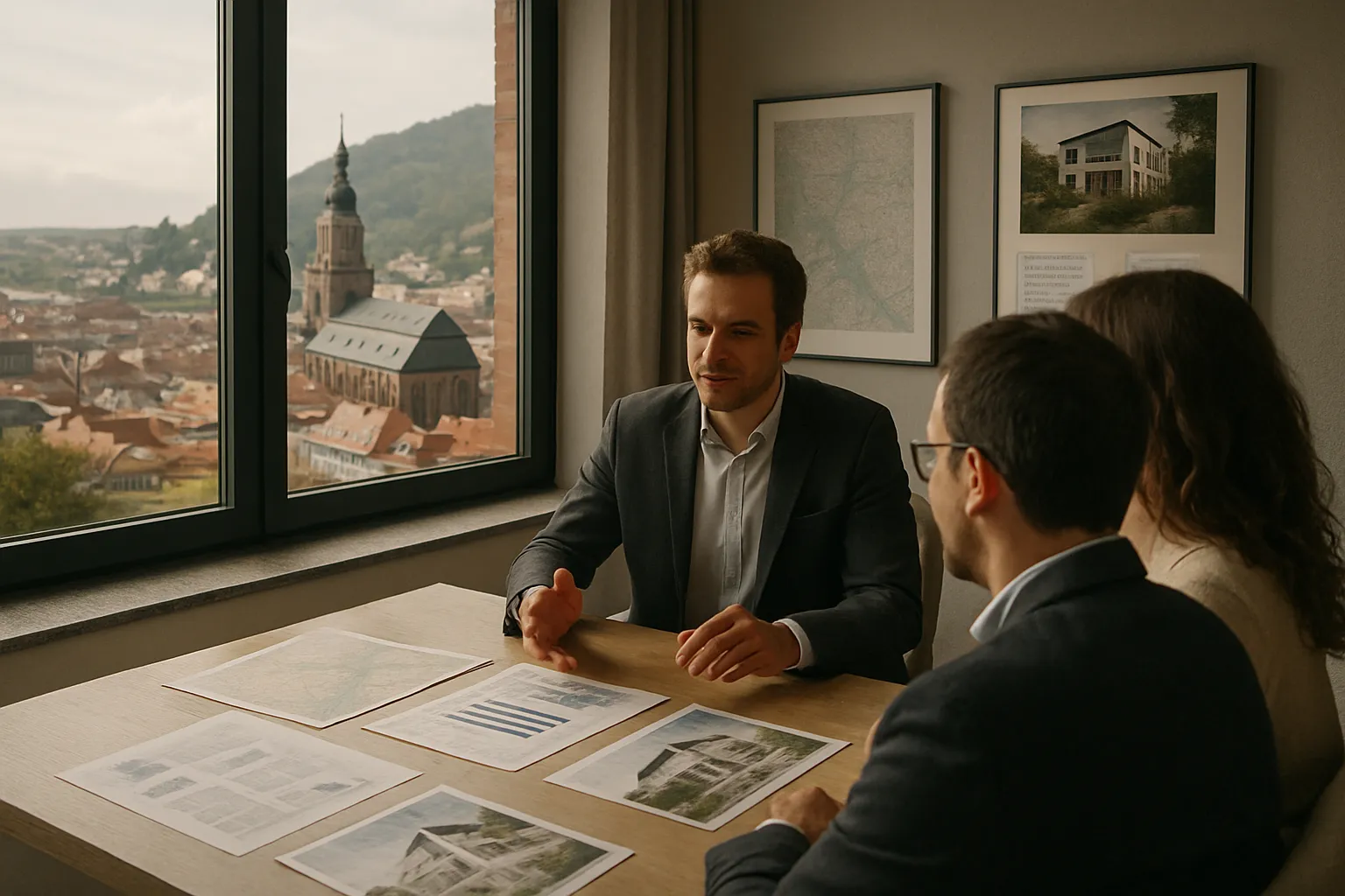 Drei Menschen sprechen im Büro: ein Mann erklärt, die anderen hören zu. Im Hintergrund ist eine Fensteransicht mit Kirchen und Bergen.