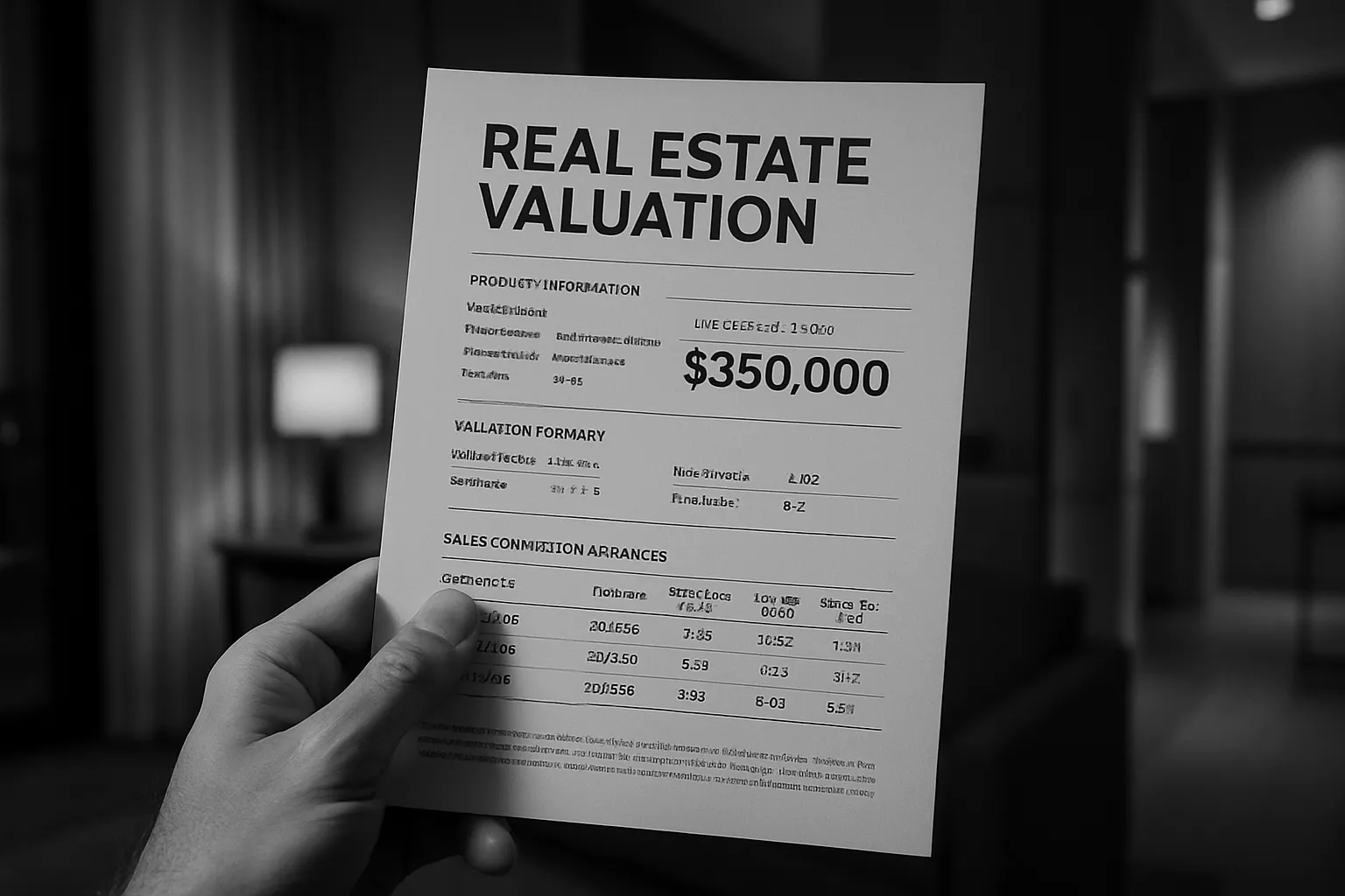 Hand hält eine Immobilienbewertung mit Preis von 350.000 $, im Raum, im Hintergrund sind Lampen und Regale, schwarz-weiß.