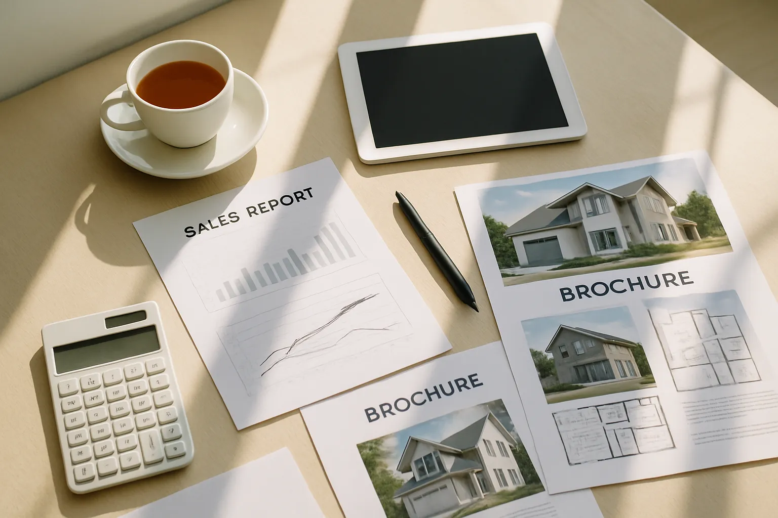 Arbeitsplatz mit Verkaufsunterlagen, Hausfotos, Taschenrechner, Tablet, Stift, Tea, sonniges Licht, duftet nach Home-Office oder Immobilienpräsentation.