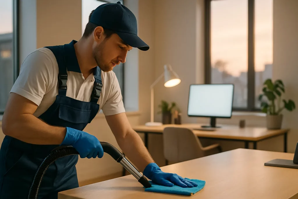 Mann reinigt einen Tisch in einem Büro mit Staubsauger und Lappen. Er trägt Handschuhe, Kappe und eine Weste. Hintergrund mit Schreibtisch und Computer.