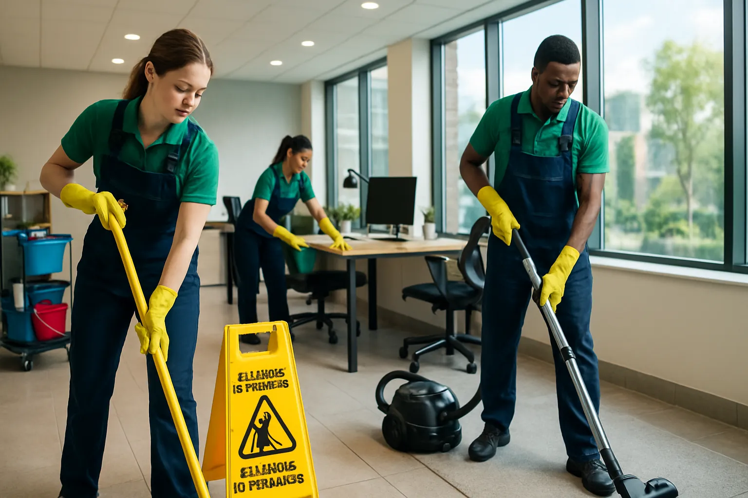 Drei Reinigungskräfte in einem Büro wischen den Boden, tragen gelbe Handschuhe und tragen eine Warnschwelle mit "Achtung, rutschig" auf Englisch.