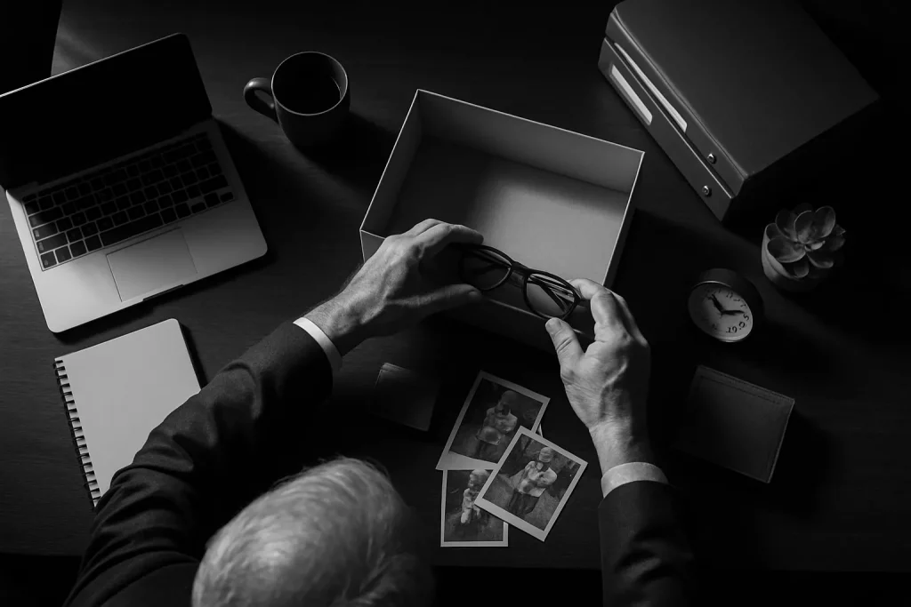 Ein Mann mit Anzug legt eine Brille in eine leere Box auf einem Schreibtisch, umgeben von Fotos, Laptop, Uhr, Kaffeetasse, Ordner und Notizbuch.