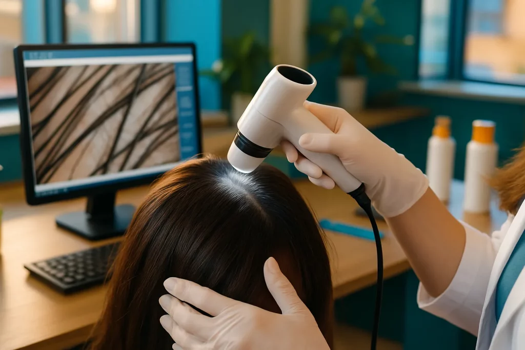 Ärztin untersucht Haar einer Patientin mit einem speziellen Gerät in einem Behandlungsraum. Bildschirm und Pflegeprodukte im Hintergrund.