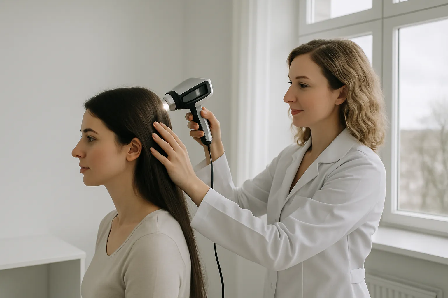 Ärztin untersucht die Haare einer Patientin mit einem Handgerät in einem Arztzimmer. Beide Frauen tragen weiße Kittel.