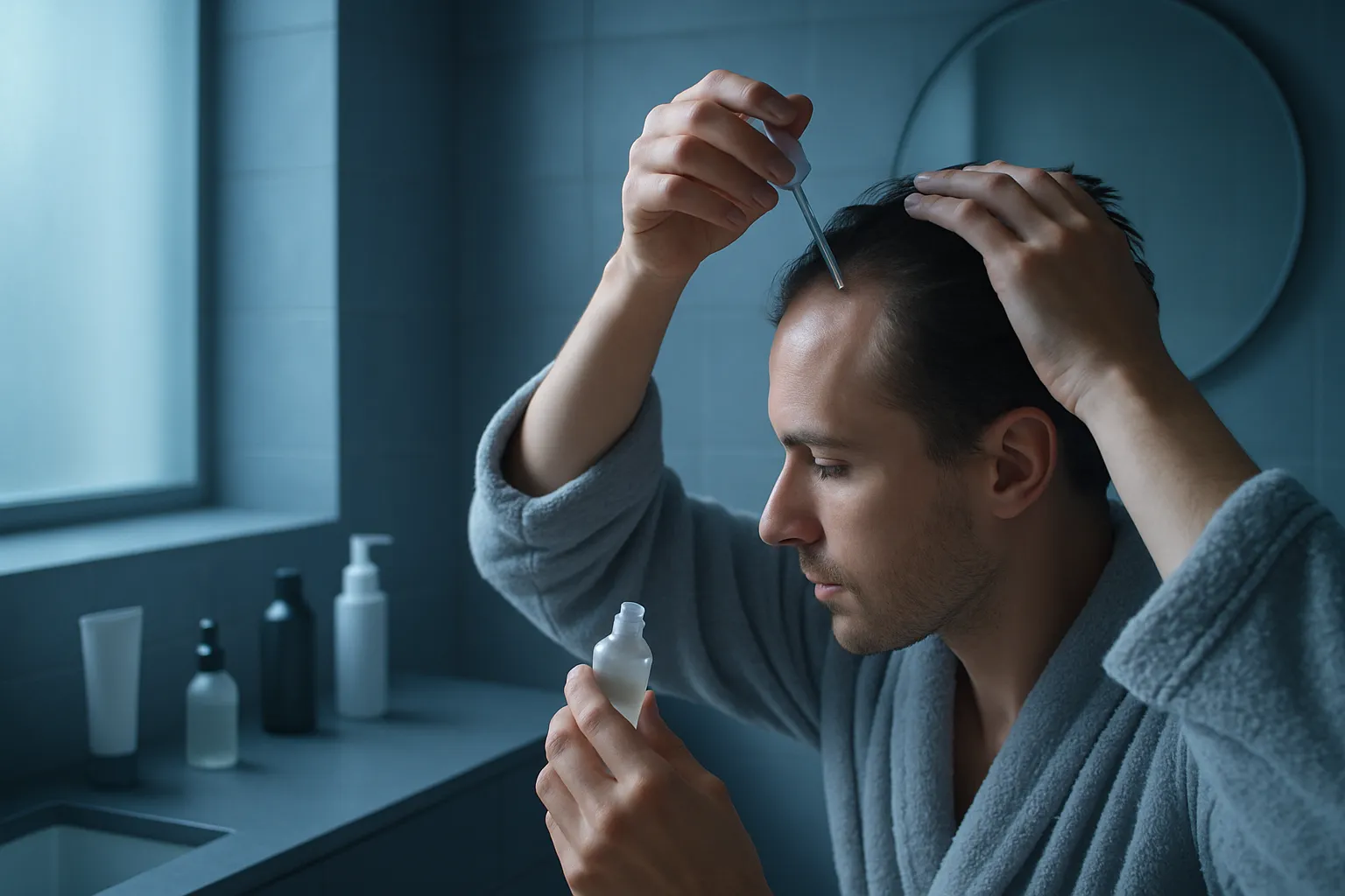 Ein Mann im Badezimmer, benutzt eine Pipette, um Hautpflegeprodukte aufzutragen. Er trägt einen grauen Bademantel.