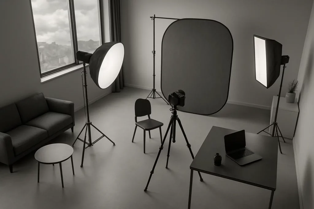 Ein Aufnahmestudio mit Scheinwerfern, Kamera, Laptop und Hintergrundvorhang, alles in einem hellen, modernen Raum neben einem Fenster.