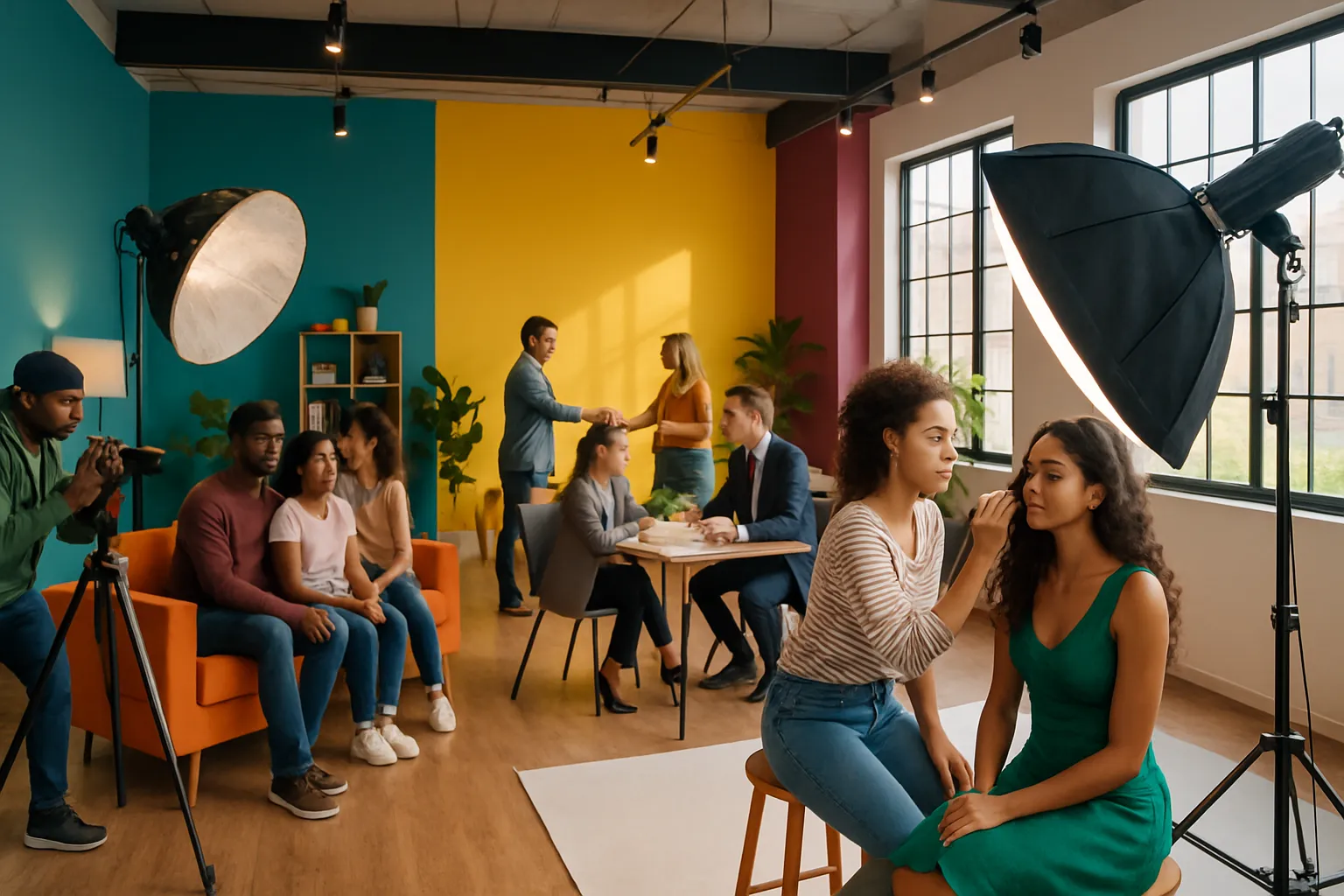 Zwei Frauen vor einem weißen Hintergrund werden im Fotostudio geschminkt, während im Hintergrund ein bisschen Szene mit mehreren Menschen.