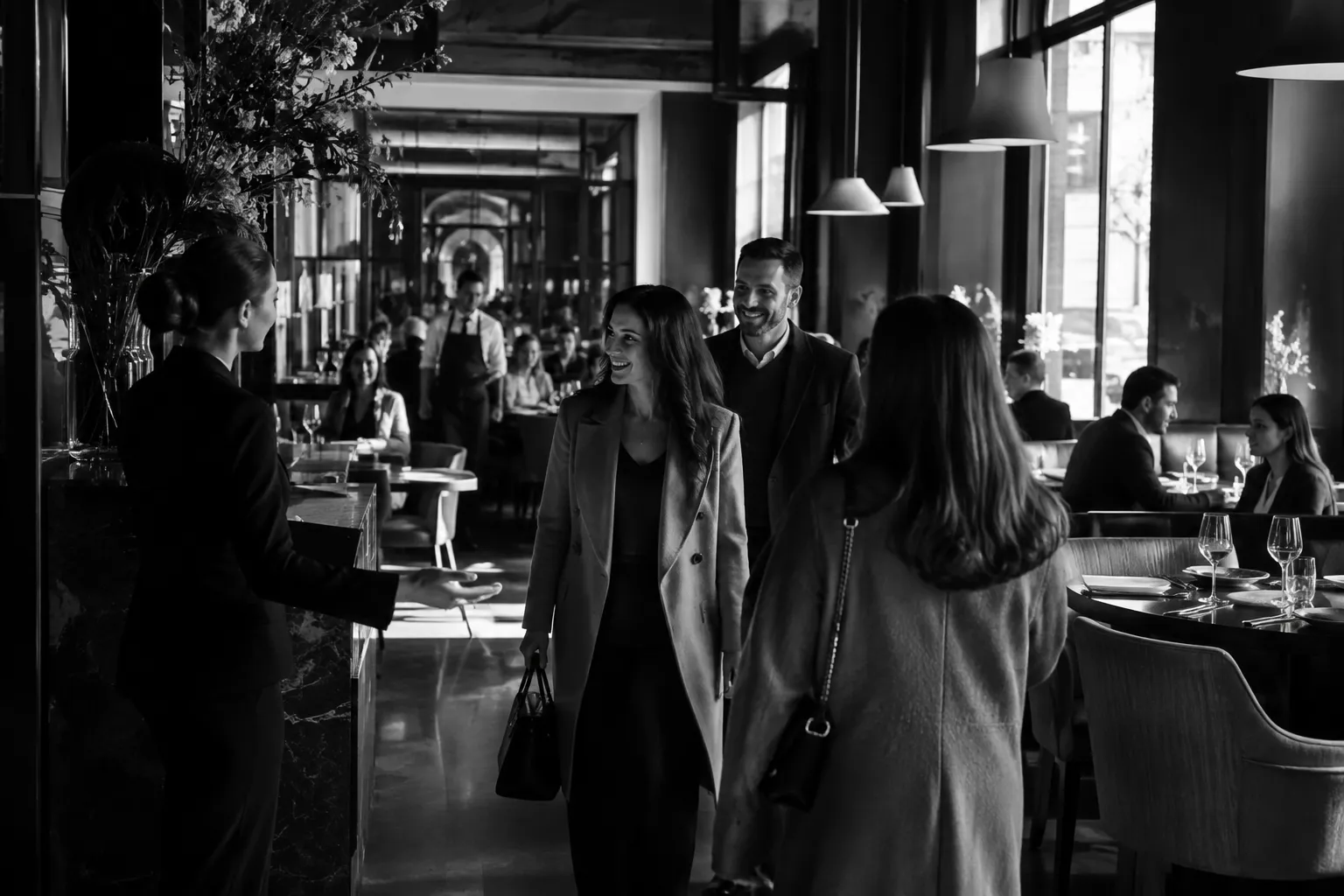 Eine Frau begrüßt ein elegant gekleidetes Paar am Empfang eines stilvollen, gut besuchten Restaurants.
