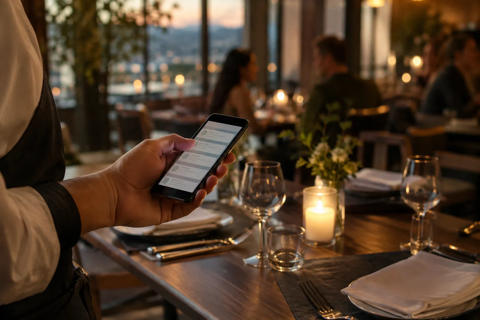 Ein Kellner hält in einem stimmungsvoll beleuchteten Restaurant ein Smartphone; im Hintergrund sitzen Gäste an gedeckten Tischen.